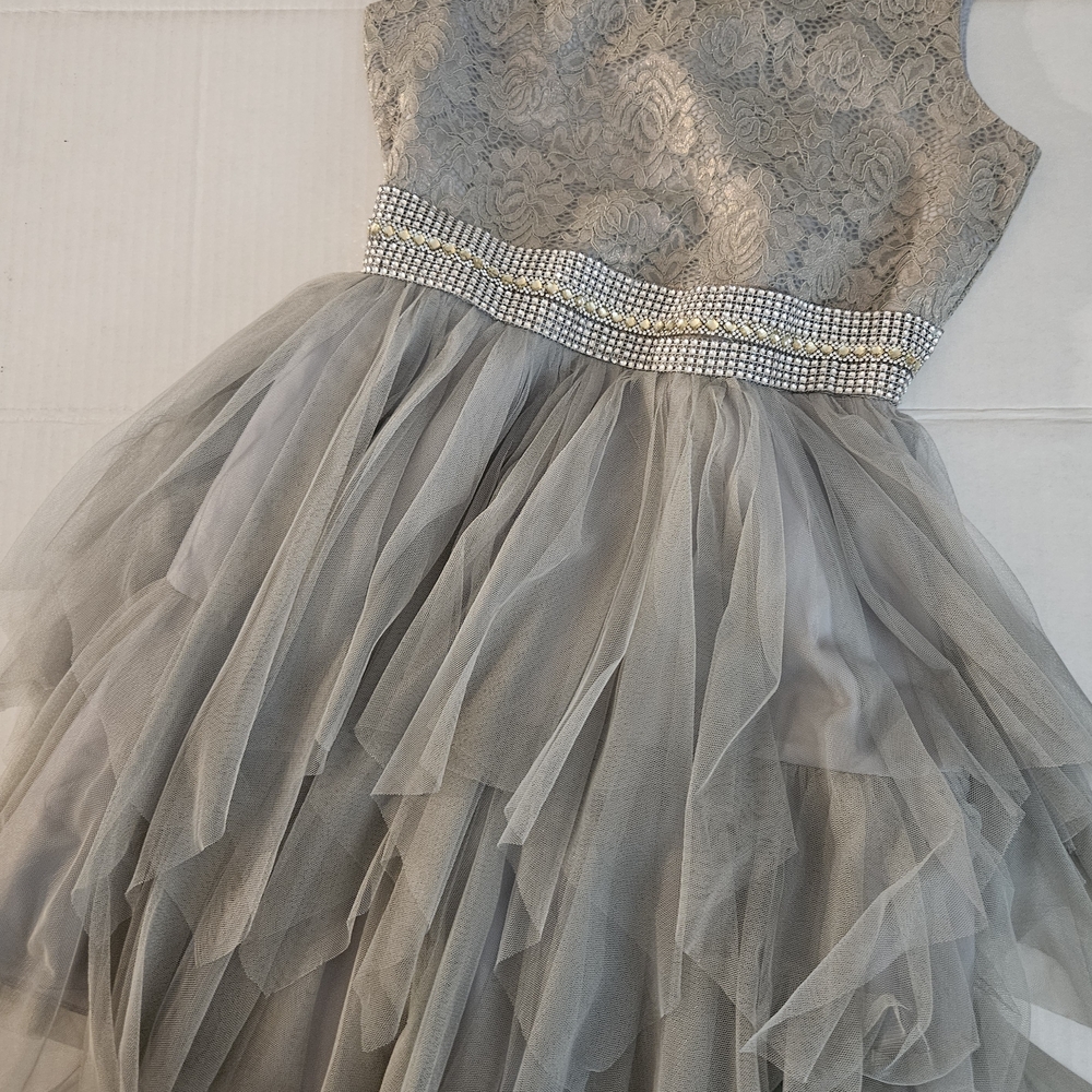 Bonnie Jean Silver Lace Dress with Tulle Skirt